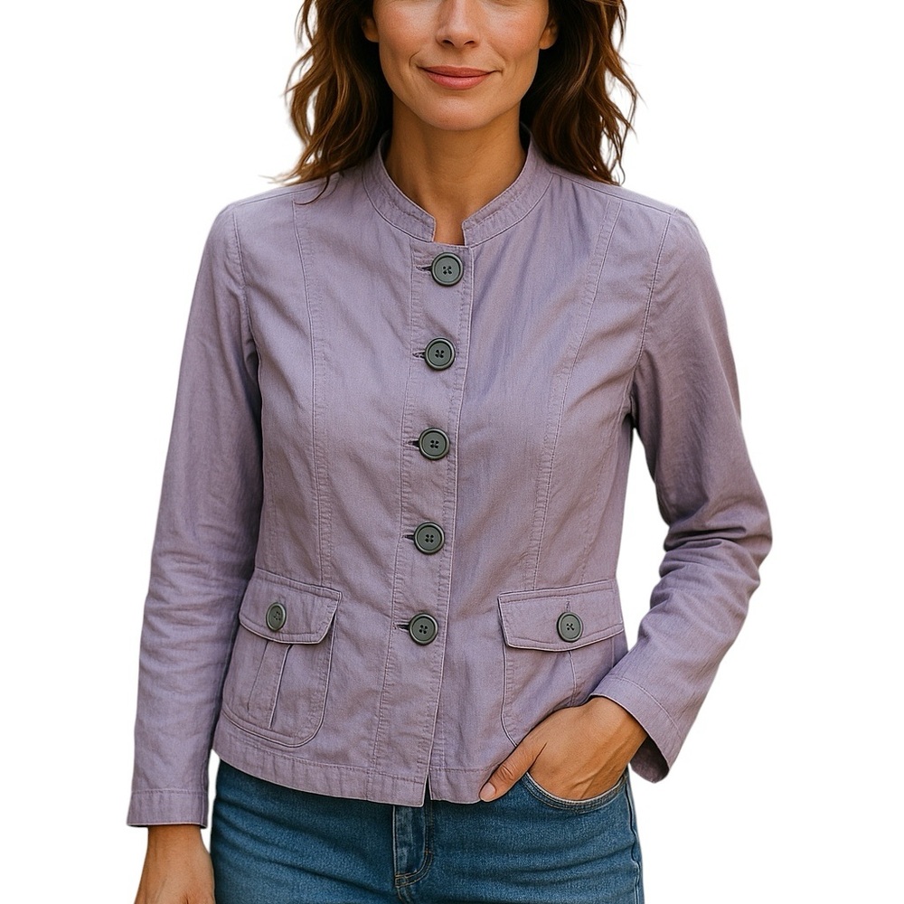 Chicos Sz 0 like Medium Lavender Purple Sheen Linen button down jacket  Blazer